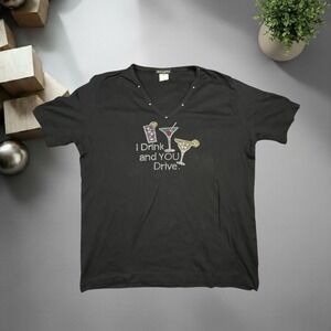 Get Lucky USA Vintage Y2K Rhinestone Cocktail V-Neck Graphic Tee Black Medium
